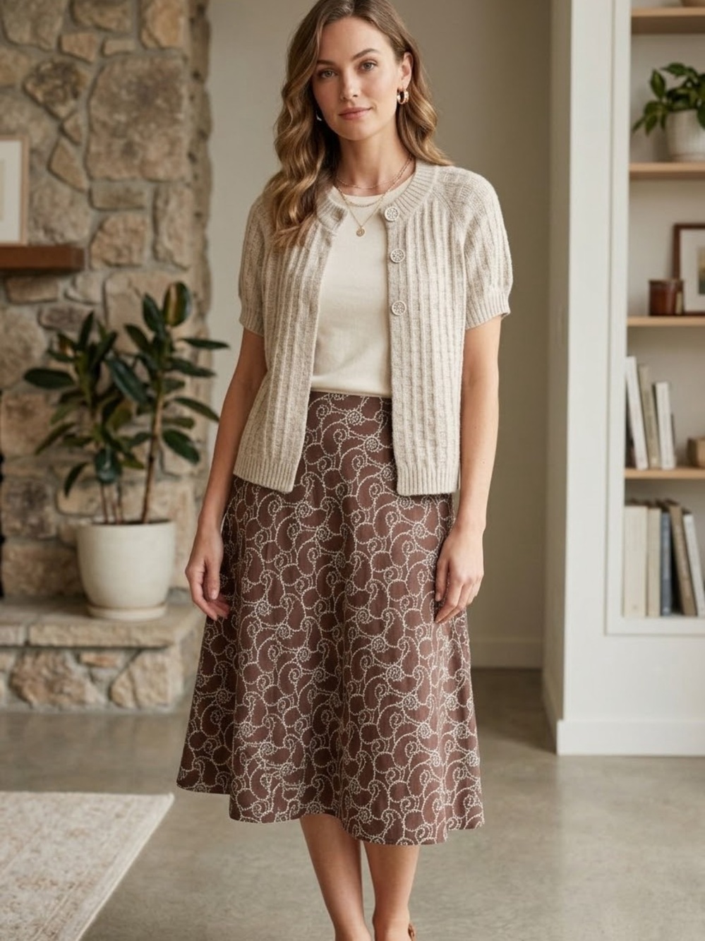 Fall Brown Cream Embroidered Swirl-Print A-Line Full Flowy Skirt ONLY